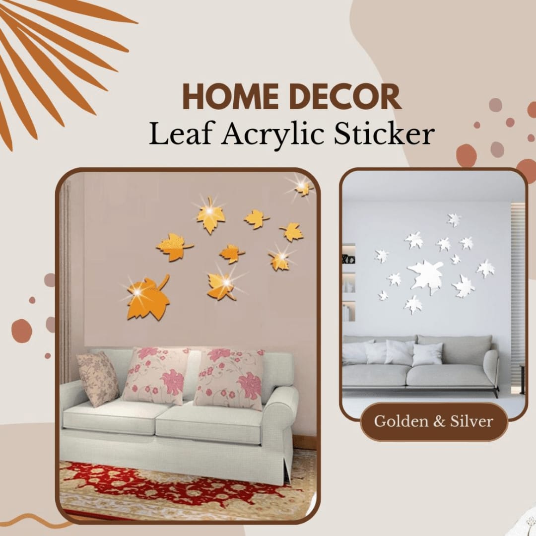 3D Maple Leaf Shape Acrylic Mirror Surface Wall Sticker Home Decoration Silver