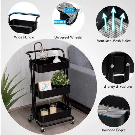 Modern 3-Tier Rolling Cart with Drawer & Desktop