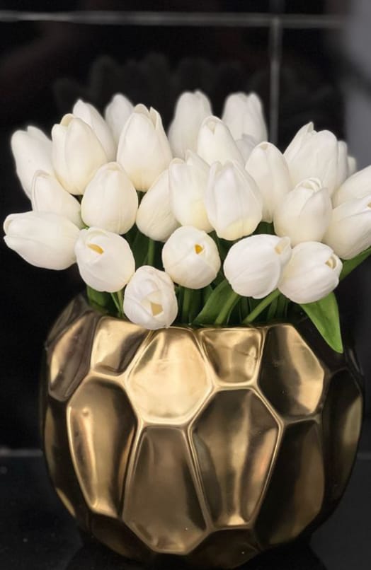 White Tulip  in Gold Ceramic Vase